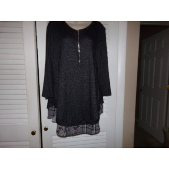 Vtg Lee marled black knit tunic/dress plaid hem front zip 1X Retro Soft Boho - Picture 1 of 5